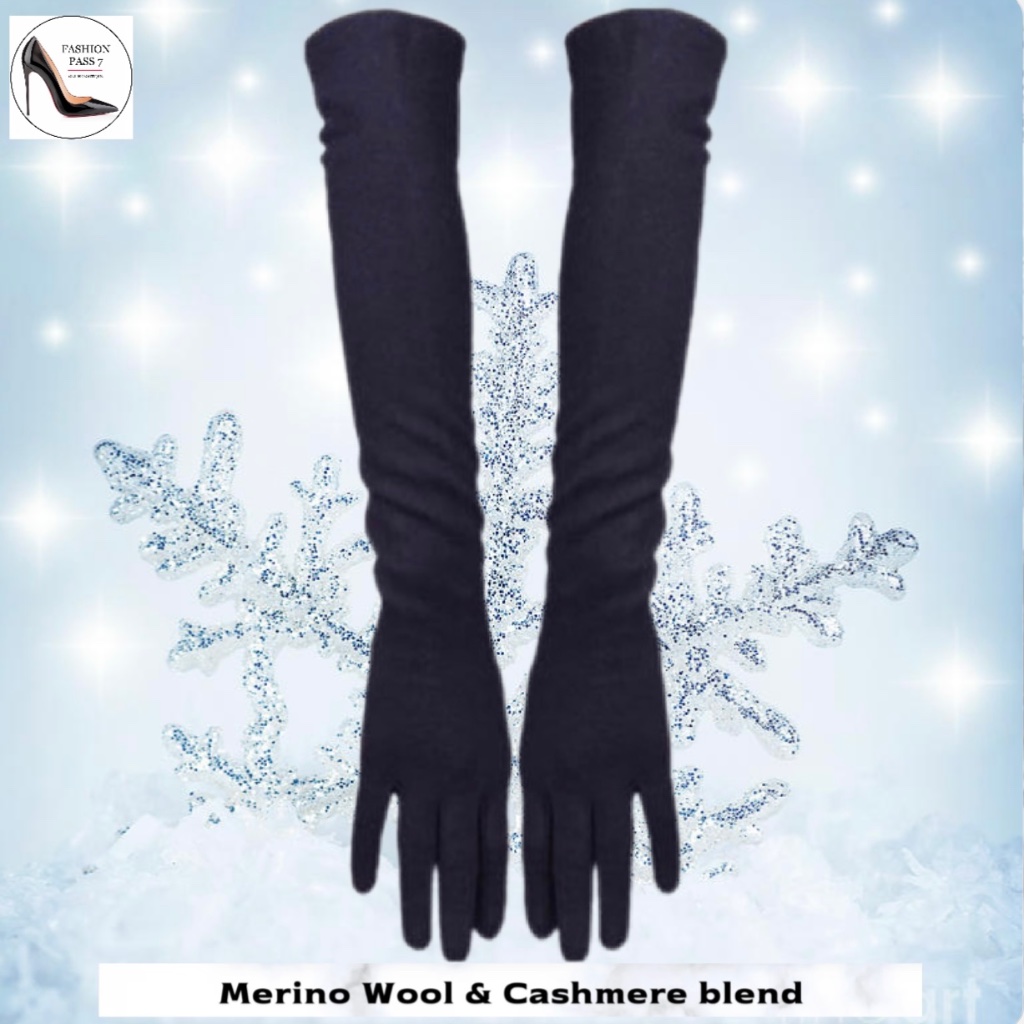 Long Cashmere Merino Wool Gloves Classical Black Opera Driving Winter Warm Glove